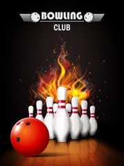 Bowling poster with ball and bowling pins.