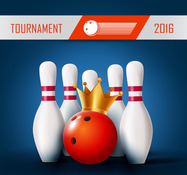Bowling poster with ball and bowling pins.