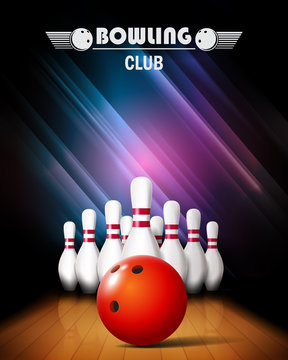 Bowling poster with ball and bowling pins.