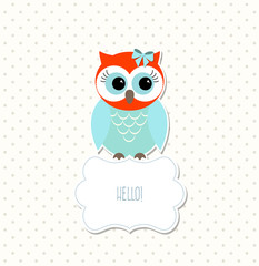 Cute colorful owl sitting on white sign with text Hello, illustration