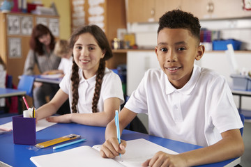 Two primary school pupils in classroom looking to camera