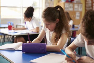 Two kids working at their desks in primary school, crop shot