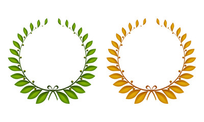 Set of two laurel wreaths green and gold.