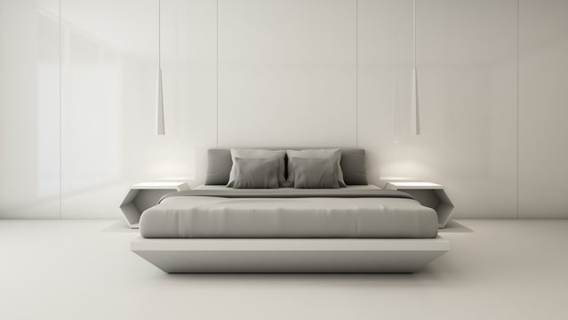 Bedroom interior design modern white tone - 3D render