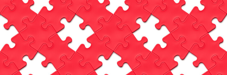 big diagonal red jigsaw puzzle pieces interlocking with some missing pieces on a white background (seamless texture, 1x3 format, 3d illustration)