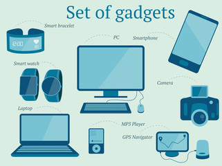 Set of modern gadgets design including laptop, pc, mp3 player, smartwatch, smartphone, camera, bracelet, and gps navigator