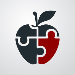 Icono plano puzzle de manzana gris sobre fondo degradado