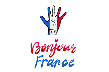 A set of hands with different gestures wrapped in the flag of France