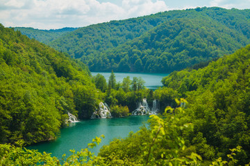     Beautiful landscape, waterfall and clear green water in the Plitvice Lakes National Park in Croatia, beautiful world 