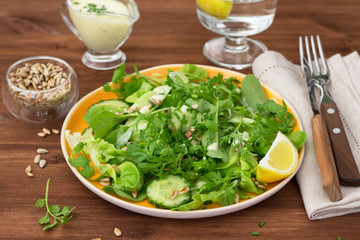 Fresh green salad with various lettuce, cucumber, sunflower seeds and yogurt dressing on wooden table, selective focus 