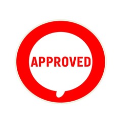 approved red wording on Circular white speech bubble
