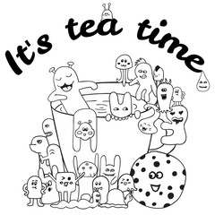 Fototapeta premium Coloring pages for adults coloring book. Black and white Hand drawn tes lettering it's tea time. monster background.