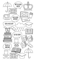 Vector set Doodle patterns and icons English courses Language school