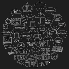 Vector set Doodle patterns and icons English courses Language school