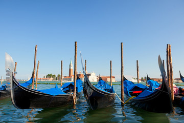 Group of gondolas in Venice. Shot at sunrise.