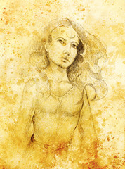 mystic woman. pencil drawing on paper, Color effect.