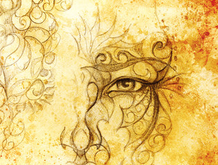 mystic man face with floral ornament. Drawing on paper, Color effect. Eye contact.