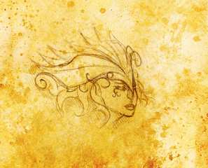 mystic woman face and headband. pencil drawing on paper, Color effect.