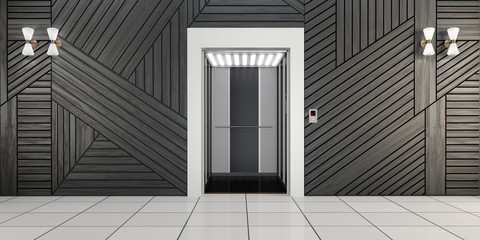 Modern metal elevator with open doors, hall interior - obrazy, fototapety, plakaty