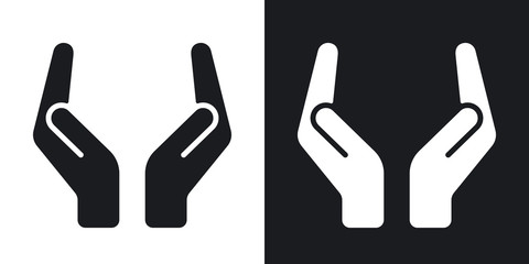 Vector two protecting hands icon. Two-tone version on black and white background