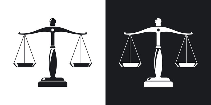 Vector vintage scales of justice icon. Two-tone version on black and white background