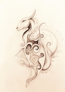 drawing of ornamental dragon and sun on old paper background.
