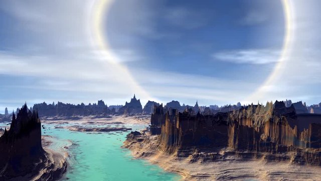 Fantasy alien planet. Rocks and lake. 3d animation. 4K