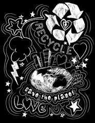 Recycle save the planet black and white illustration