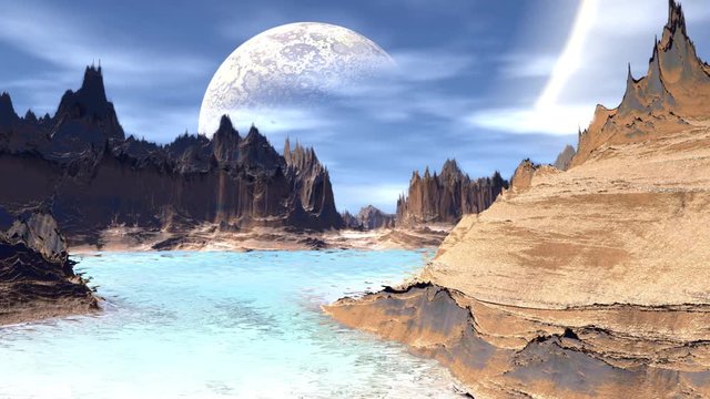 Fantasy alien planet. Rocks and lake. 3d animation. 4K