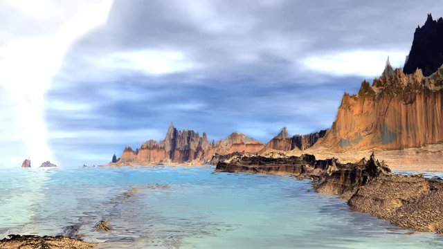 Fantasy alien planet. Rocks and lake. 3d animation. 4K