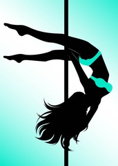 Black silhouette of a sexy girl dancing on a pole - Stock Illustration