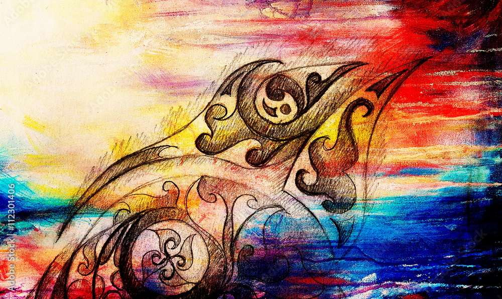 Aufkleber Ornamental Drawing. Original hand draw and computer collage. Color structure.