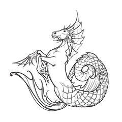hippocampus or kelpie supernatural water beast. Black and white sketch.