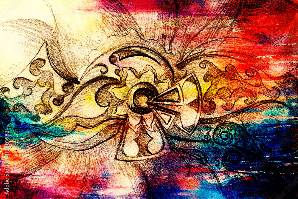 Poster color drawing of ornamental flower structure. original hand drawn and computer collage. color struct