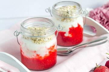 Fruit yogurts on tray