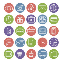 Collection of thin web icons: business, media, on-line trade