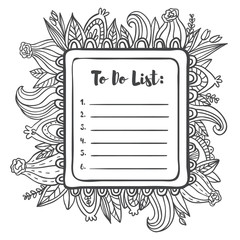 Printable To Do List page. Fun summer doodle frame. Floral decoration. Coloring page.