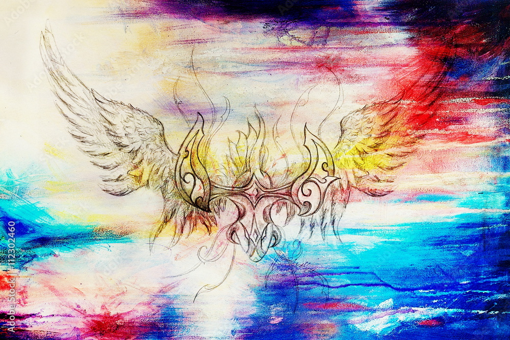 Poster drawing of ornamental phoenix on old paper background computer collage. and color structure.