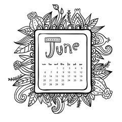 June 2016 calendar. Doodle frame. Cute floral decorated frame. Coloring page.