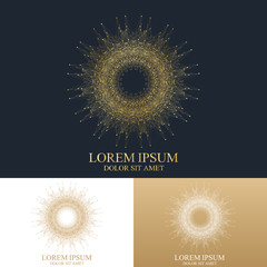 Geometric abstract round Logo. Golden mandala with connected line and dots. Graphic composition for medicine, science, technology, chemistry. Molecule Logo Template