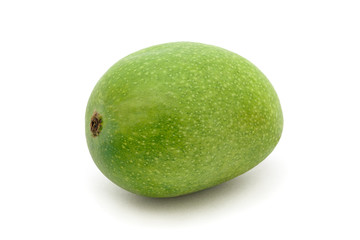 An Organic green Indian Mango (Mangifera indica) isolated on white background. Front view.