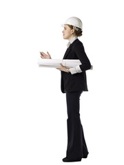 gesturing woman engineer with blue prints