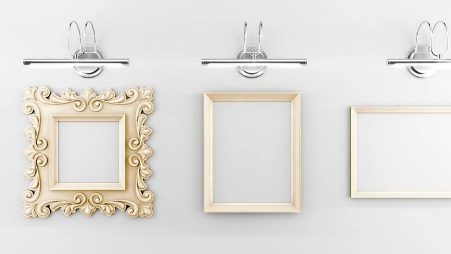 Gallery Exhibition. Empty artistic picture frames with a spotlight lamps above them, which are fixed on an interior wall of a hall. 3D-rendering animation with endlessly cyclical panoramic movement.