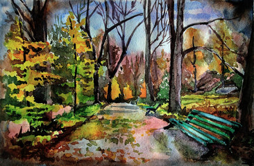 Naklejka na ściany i meble watercolor illustration. Wet autumn alley. Park Sofiyivka, Ukraine Uman.