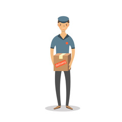 Cute flat style postman with box, parcel.