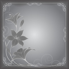 Decorative calligraphic square frame and abstract lily flowers on the gray background. Shades of gray.