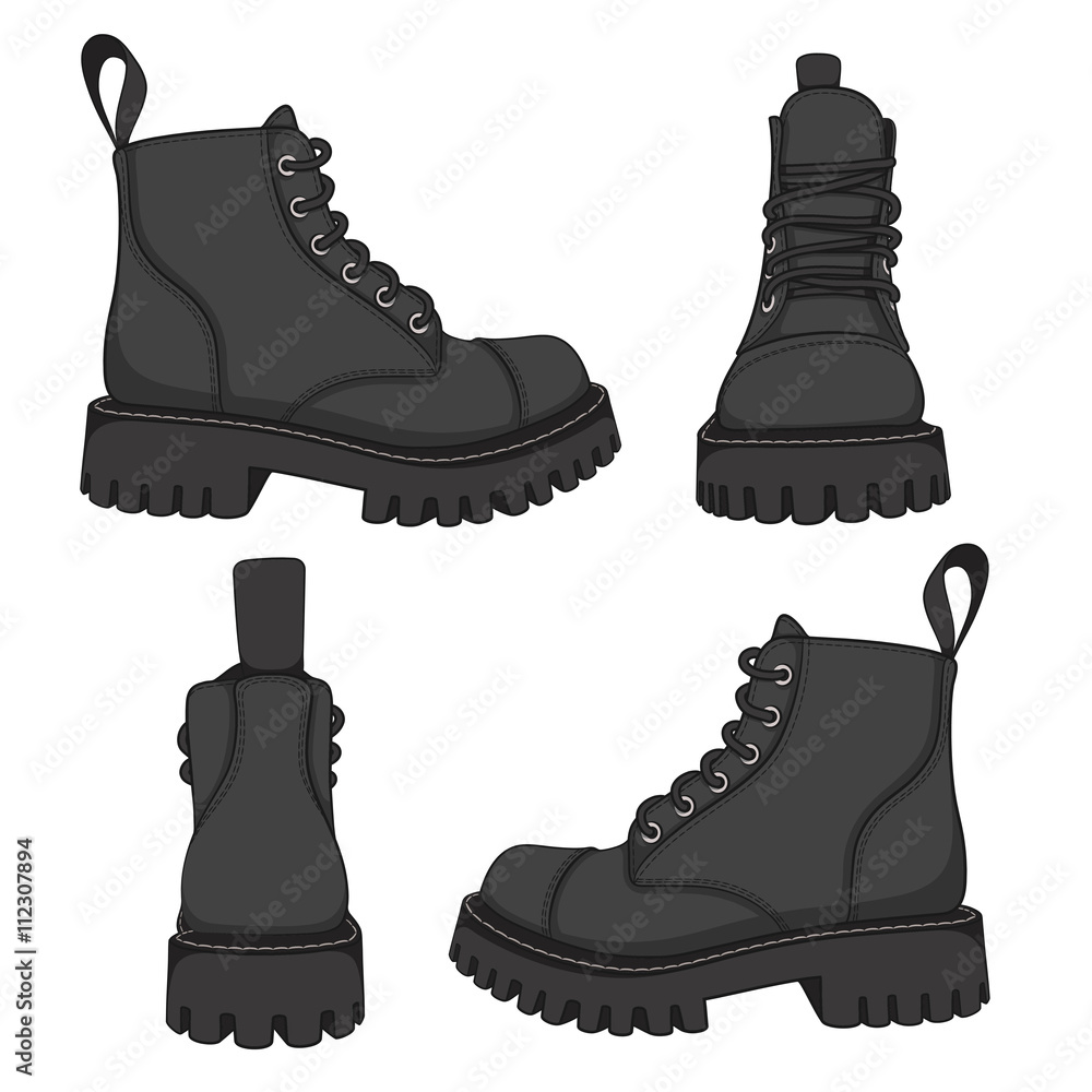 Poster vector set of drawings with black boots. isolated objects on a white background.