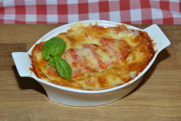 tasty lasagna on a wooden table with a checkered tablecloth 