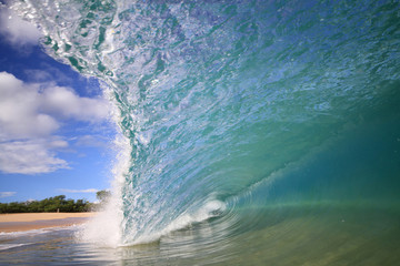 a close up detail shot of a wave tubing, taken from inside the wave using a water housing, a surfer's perspective