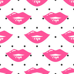 Pin up girl style wet lipstick lips seamless vector pattern. Rose hot pink and black colors on polka dot white background. Pop art retro style.